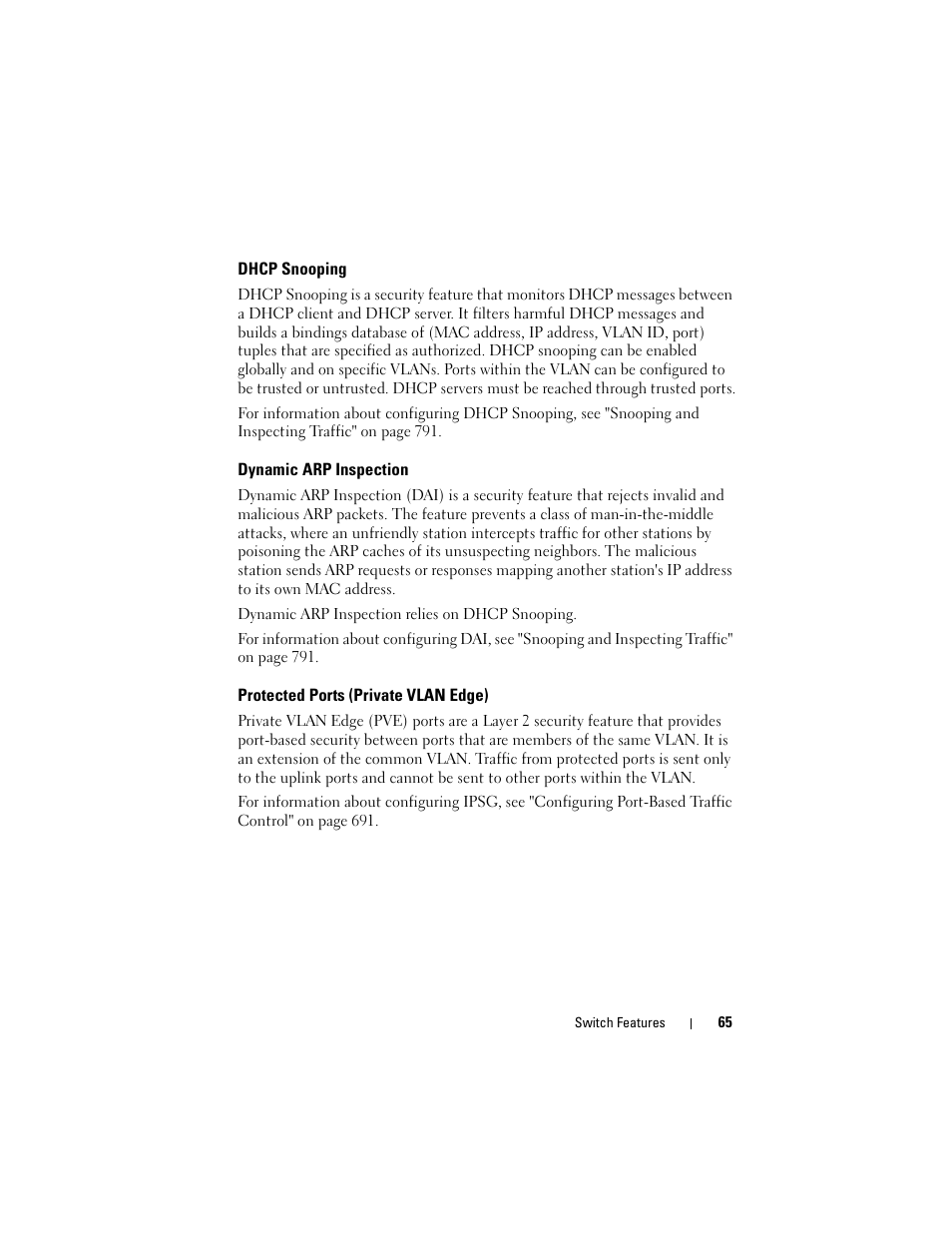 Dhcp snooping, Dynamic arp inspection, Protected ports (private vlan edge) | Dell POWEREDGE M1000E User Manual | Page 65 / 1246