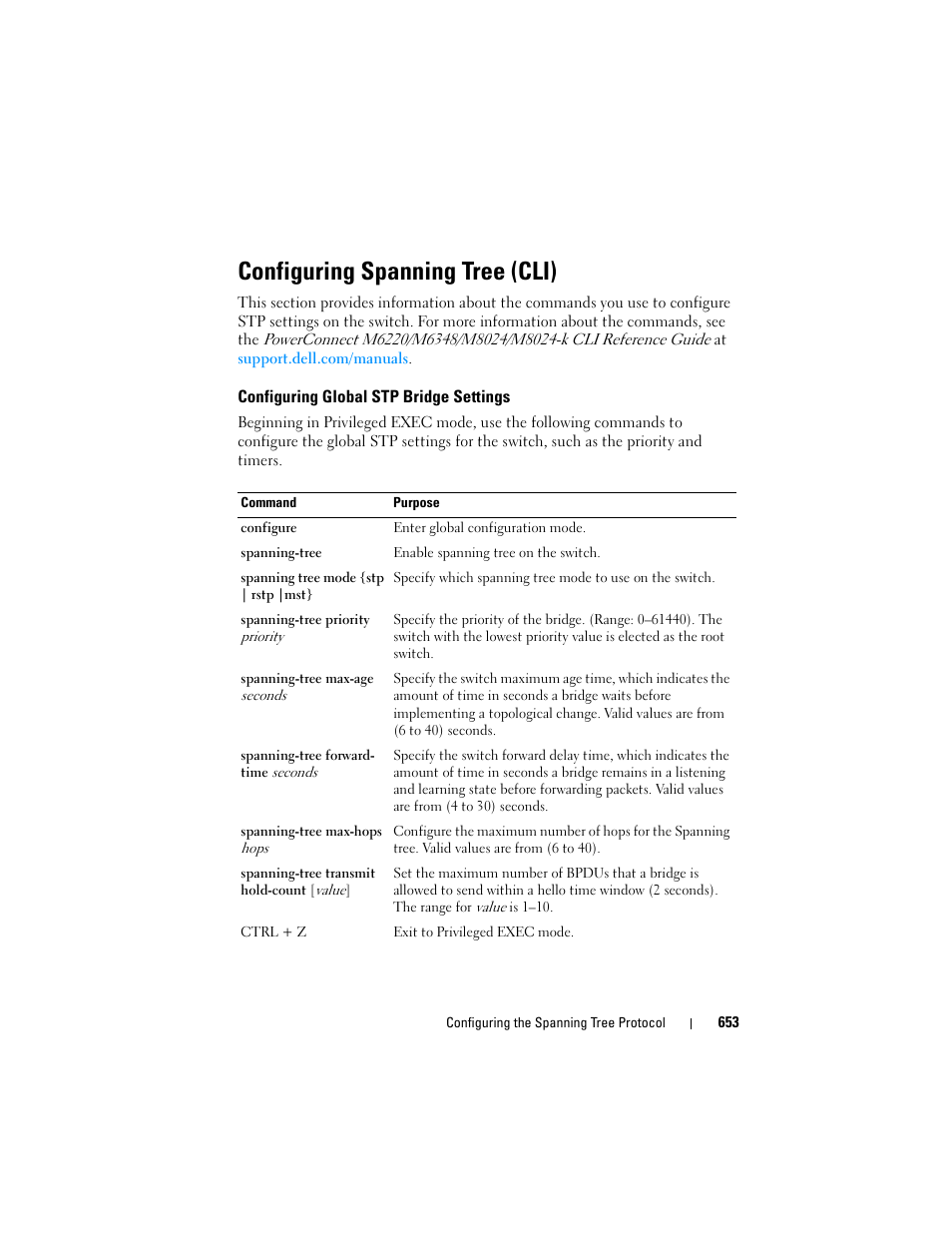 Configuring spanning tree (cli), Configuring global stp bridge settings | Dell POWEREDGE M1000E User Manual | Page 653 / 1246