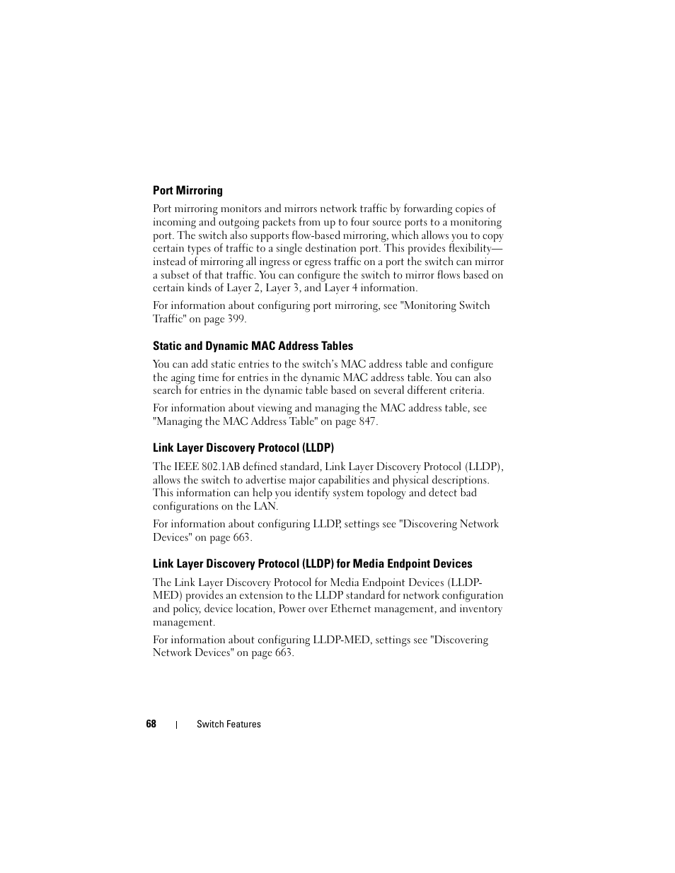 Port mirroring, Static and dynamic mac address tables, Link layer discovery protocol (lldp) | Link layer discovery protocol (lldp) for, Media endpoint devices | Dell POWEREDGE M1000E User Manual | Page 68 / 1246