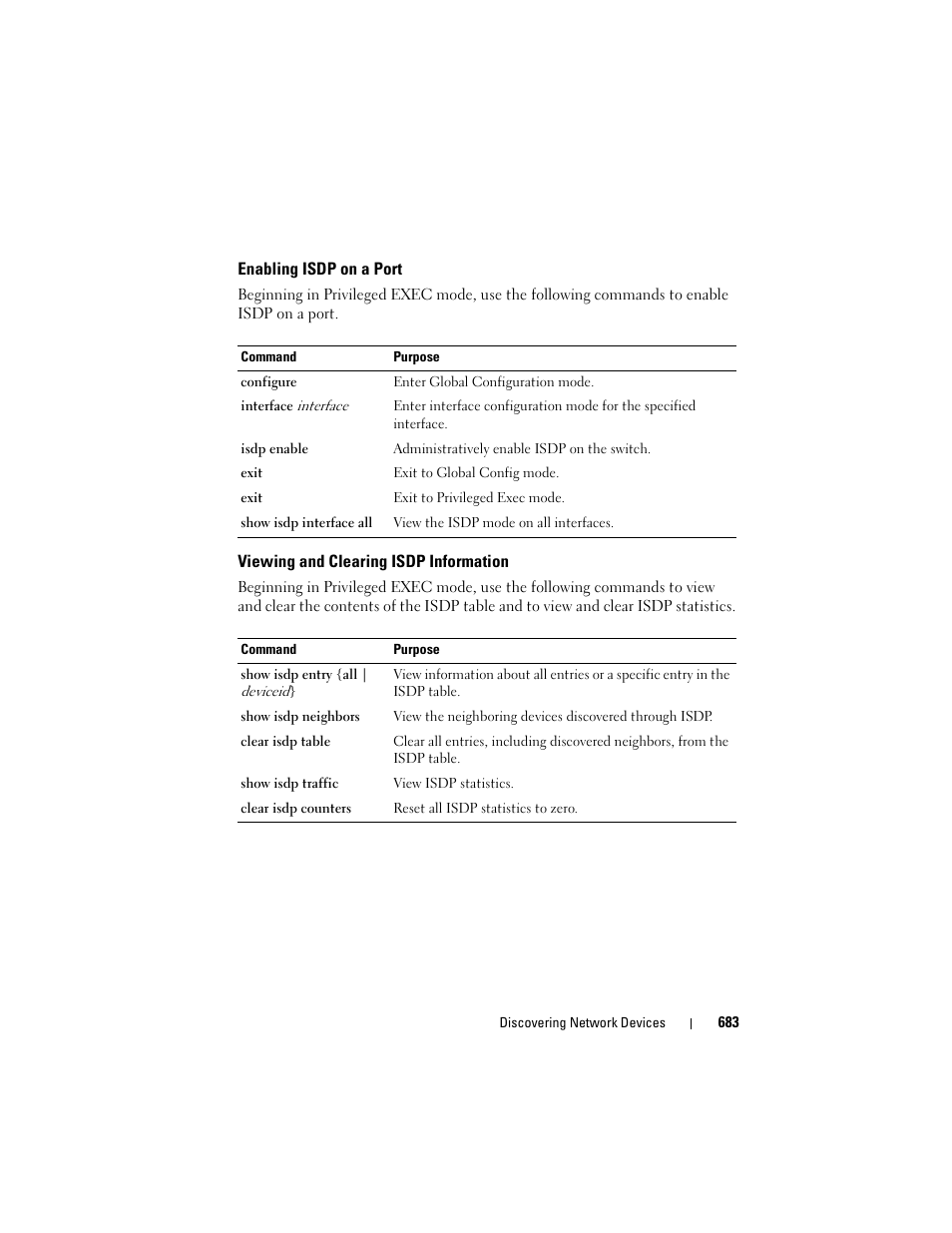 Enabling isdp on a port, Viewing and clearing isdp information | Dell POWEREDGE M1000E User Manual | Page 683 / 1246
