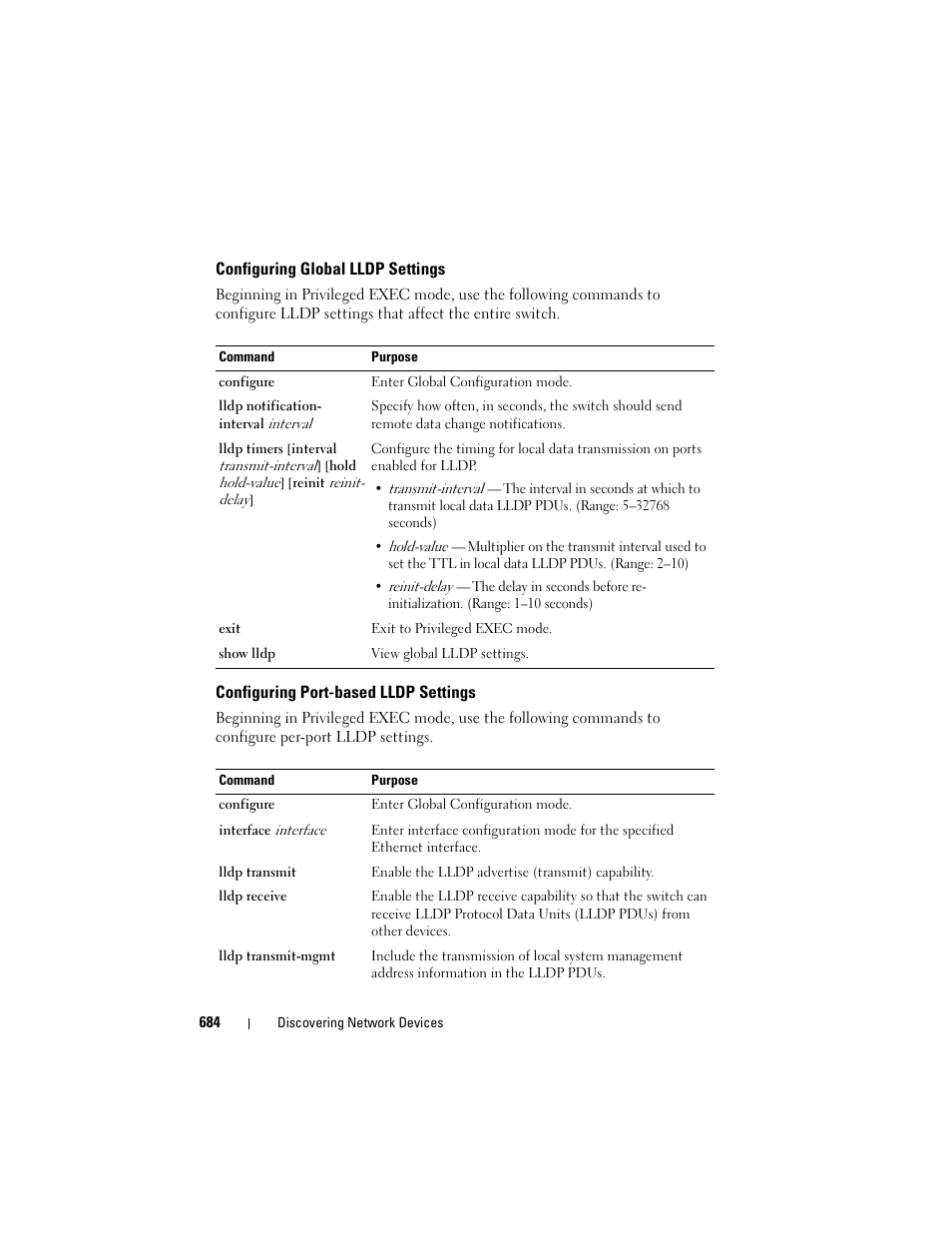 Configuring global lldp settings, Configuring port-based lldp settings | Dell POWEREDGE M1000E User Manual | Page 684 / 1246