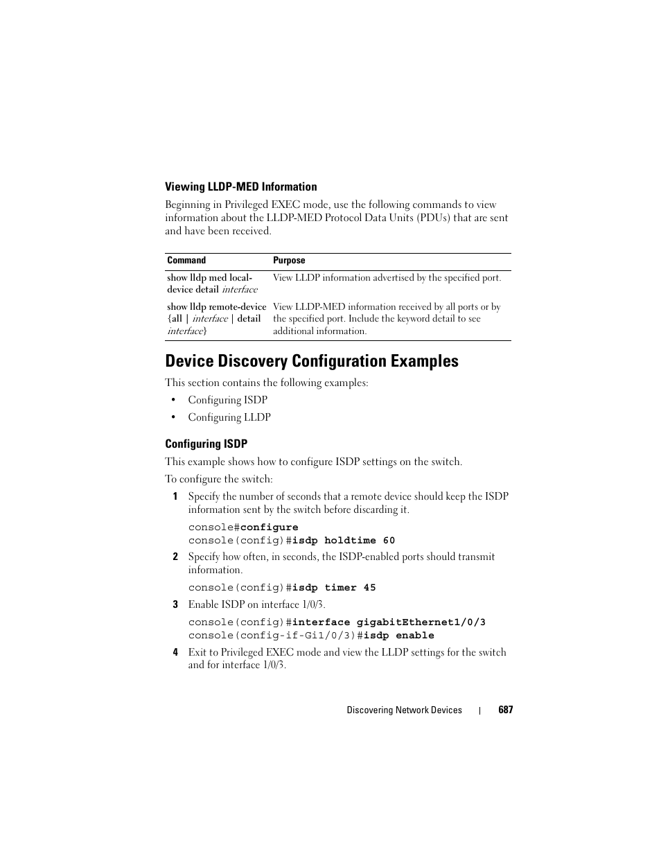 Viewing lldp-med information, Device discovery configuration examples, Configuring isdp | Dell POWEREDGE M1000E User Manual | Page 687 / 1246