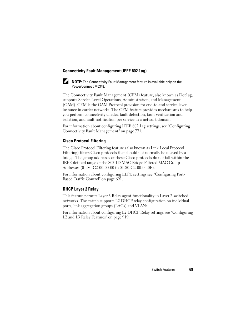 Connectivity fault management (ieee 802.1ag), Cisco protocol filtering, Dhcp layer 2 relay | Connectivity fault management, Ieee 802.1ag) | Dell POWEREDGE M1000E User Manual | Page 69 / 1246