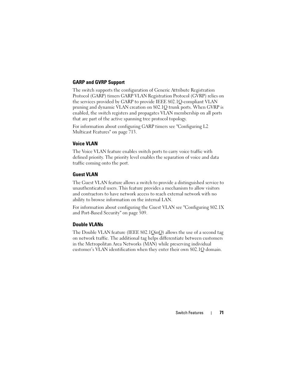 Garp and gvrp support, Voice vlan, Guest vlan | Double vlans | Dell POWEREDGE M1000E User Manual | Page 71 / 1246