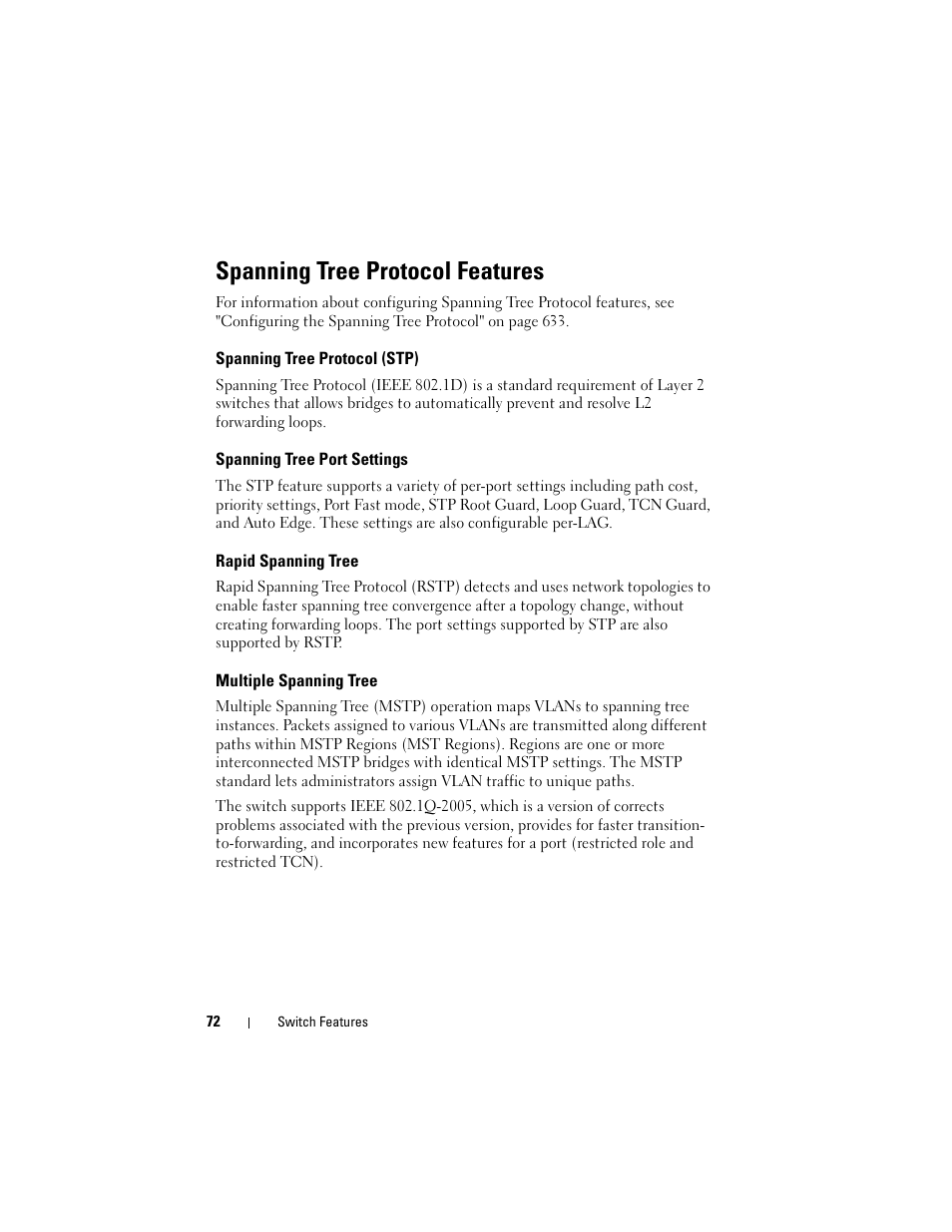 Spanning tree protocol features, Spanning tree protocol (stp), Spanning tree port settings | Rapid spanning tree, Multiple spanning tree, Spanning tree protocol, Features | Dell POWEREDGE M1000E User Manual | Page 72 / 1246