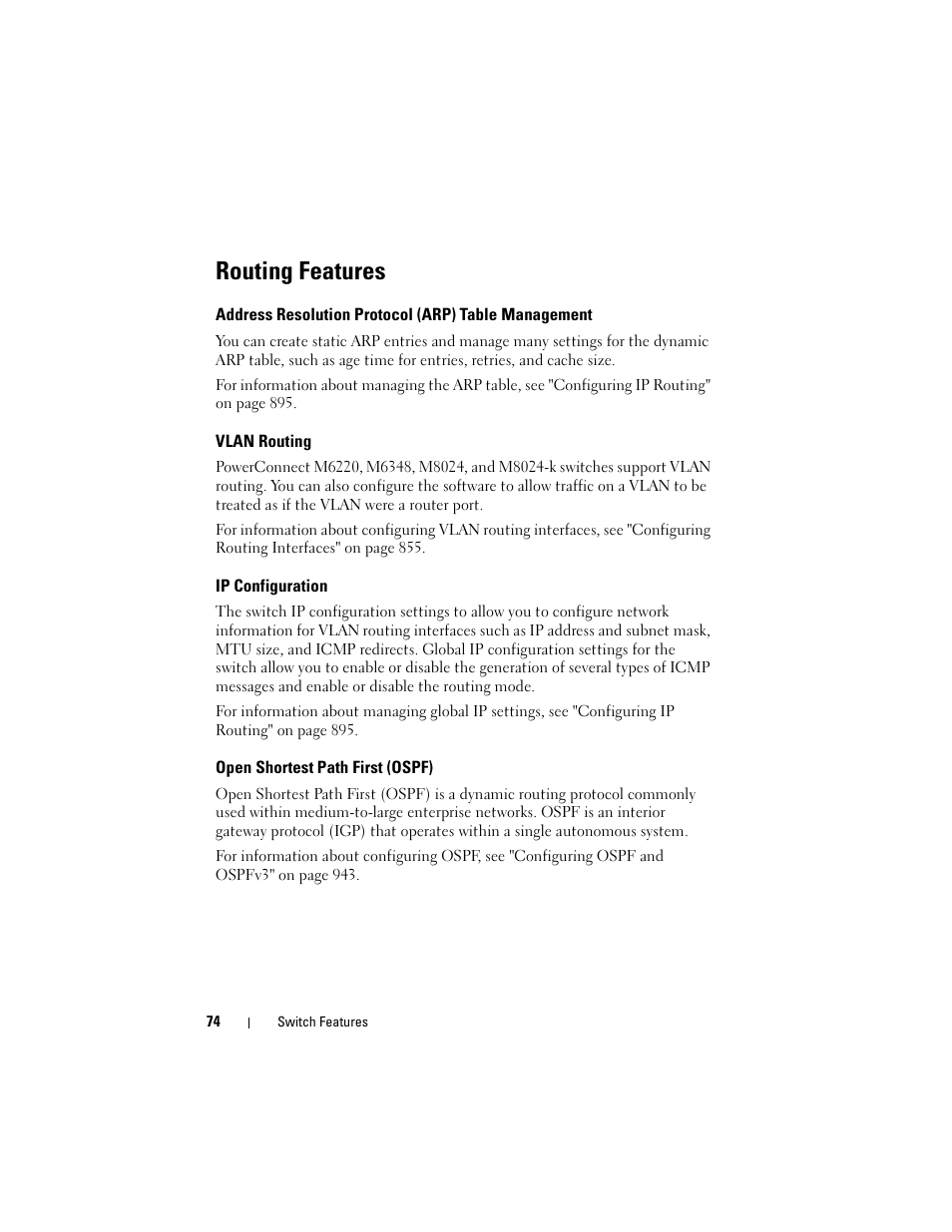 Routing features, Address resolution protocol (arp) table management, Vlan routing | Ip configuration, Open shortest path first (ospf), Address resolution protocol (arp) table, Management | Dell POWEREDGE M1000E User Manual | Page 74 / 1246