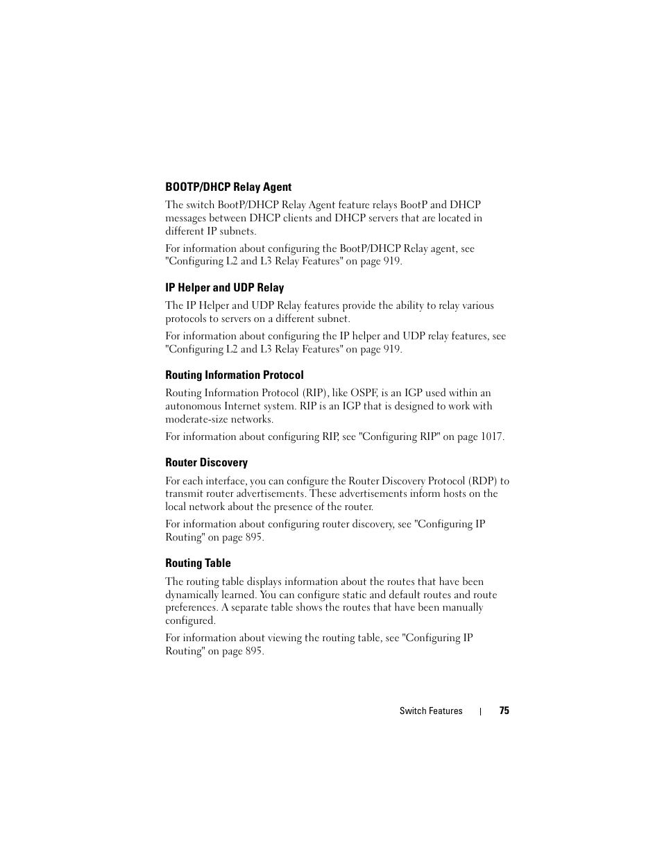 Bootp/dhcp relay agent, Ip helper and udp relay, Routing information protocol | Router discovery, Routing table | Dell POWEREDGE M1000E User Manual | Page 75 / 1246