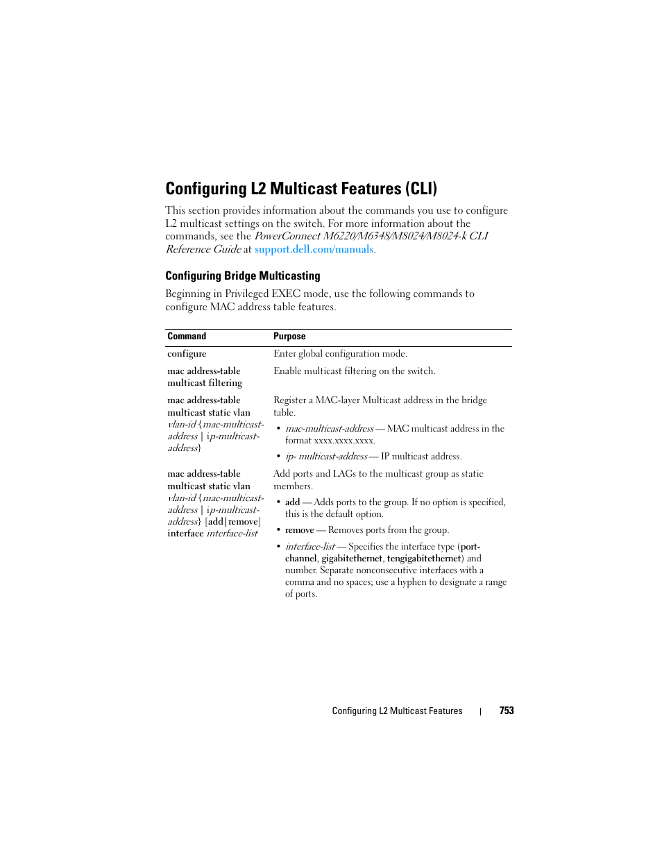 Configuring l2 multicast features (cli), Configuring bridge multicasting | Dell POWEREDGE M1000E User Manual | Page 753 / 1246