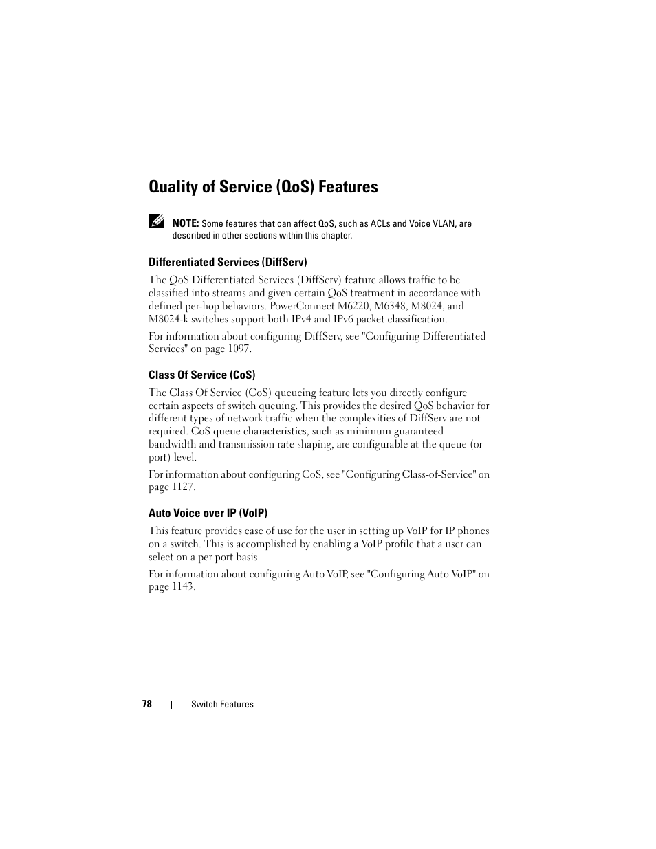 Quality of service (qos) features, Differentiated services (diffserv), Class of service (cos) | Auto voice over ip (voip), Quality of service (qos), Features | Dell POWEREDGE M1000E User Manual | Page 78 / 1246