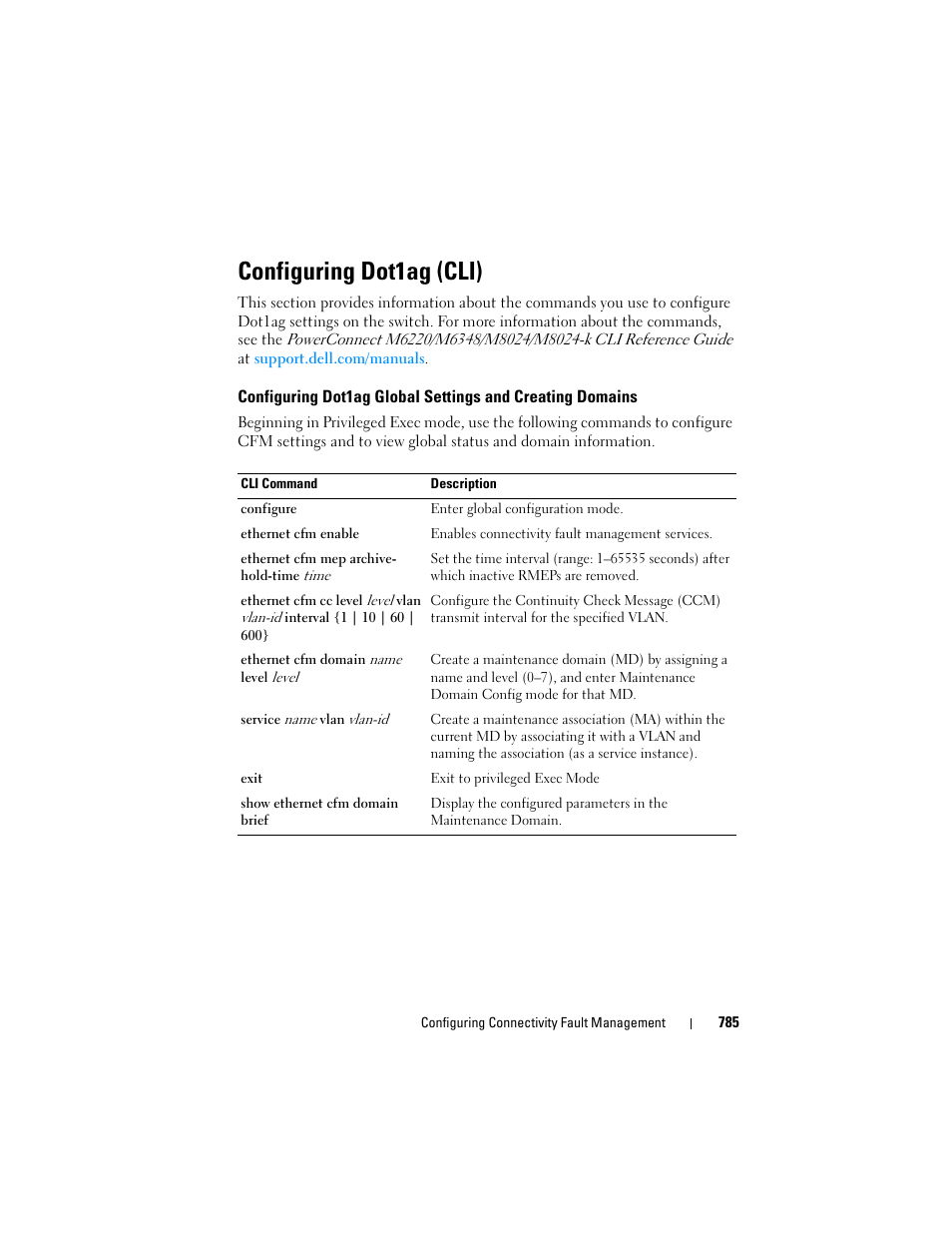 Configuring dot1ag (cli), Configuring dot1ag global settings and, Creating domains | Dell POWEREDGE M1000E User Manual | Page 785 / 1246