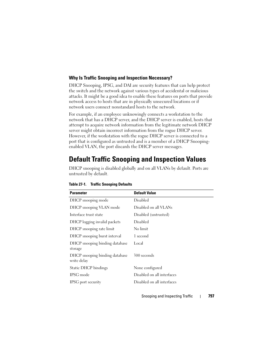 Why is traffic snooping and inspection necessary, Default traffic snooping and inspection values, Why is traffic snooping and inspection | Necessary | Dell POWEREDGE M1000E User Manual | Page 797 / 1246