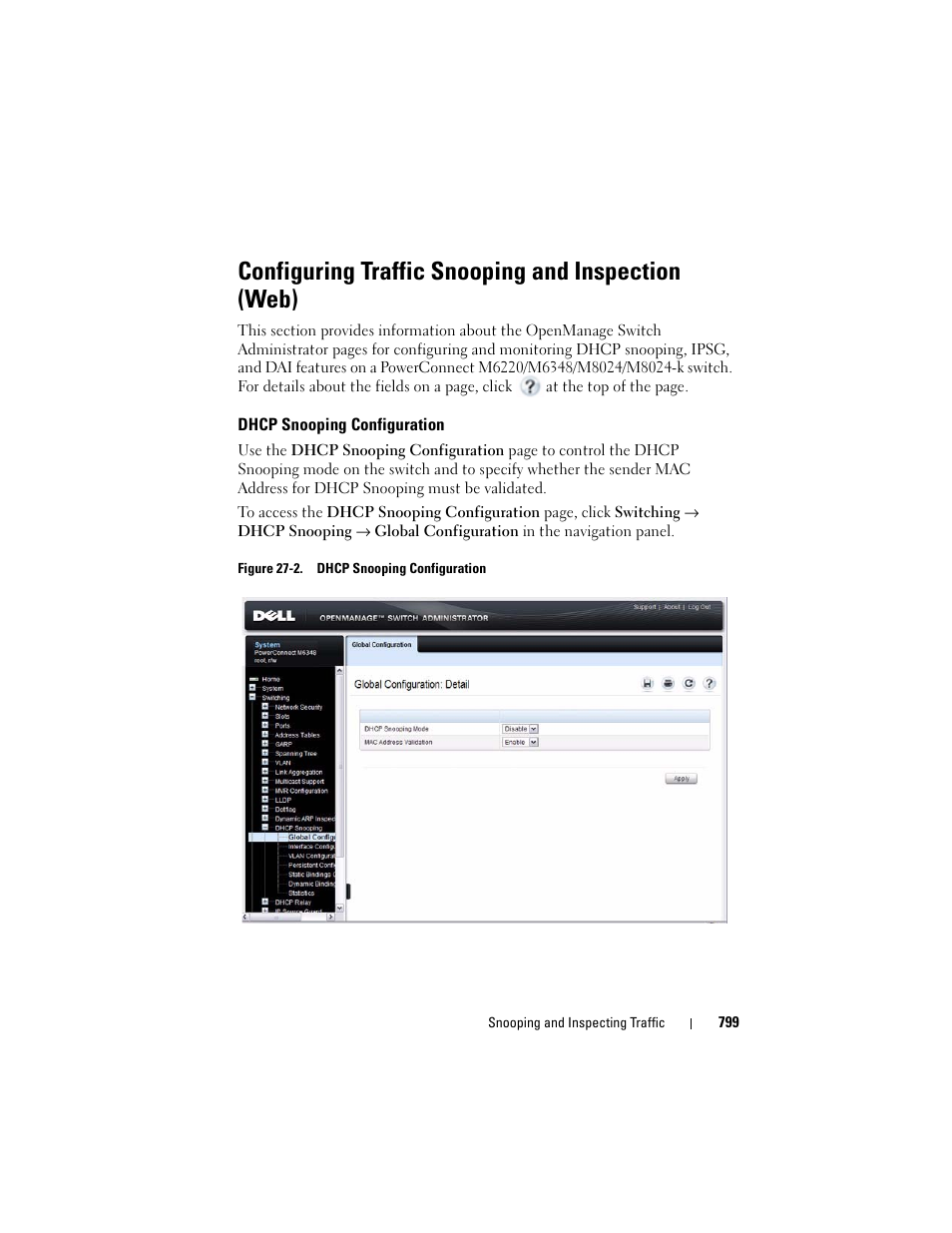 Configuring traffic snooping and inspection (web), Dhcp snooping configuration | Dell POWEREDGE M1000E User Manual | Page 799 / 1246