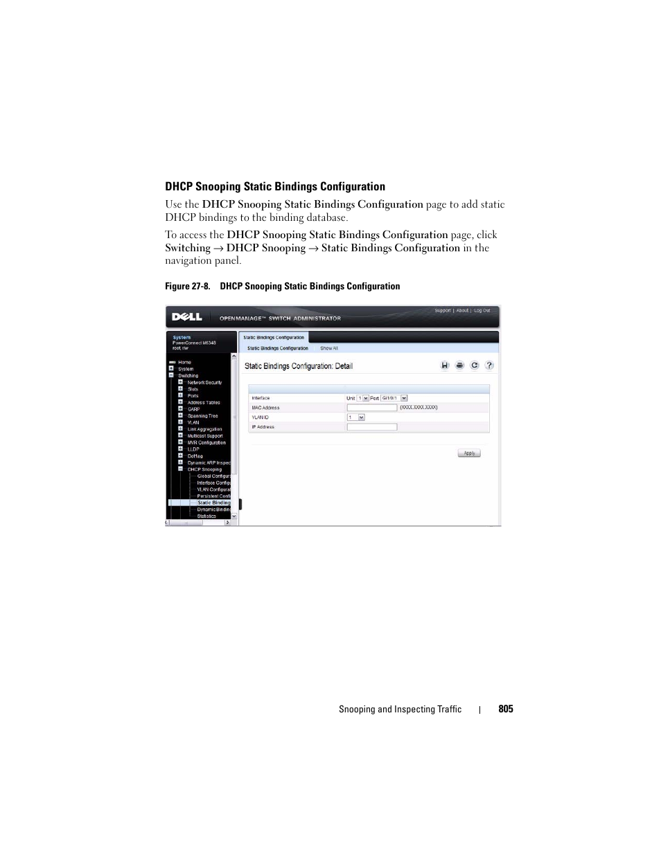 Dhcp snooping static bindings configuration, Dhcp snooping static bindings, Configuration | Dell POWEREDGE M1000E User Manual | Page 805 / 1246
