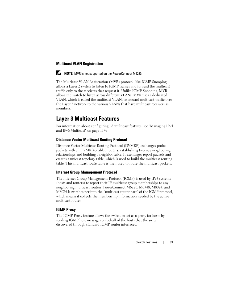 Multicast vlan registration, Layer 3 multicast features, Distance vector multicast routing protocol | Internet group management protocol, Igmp proxy | Dell POWEREDGE M1000E User Manual | Page 81 / 1246