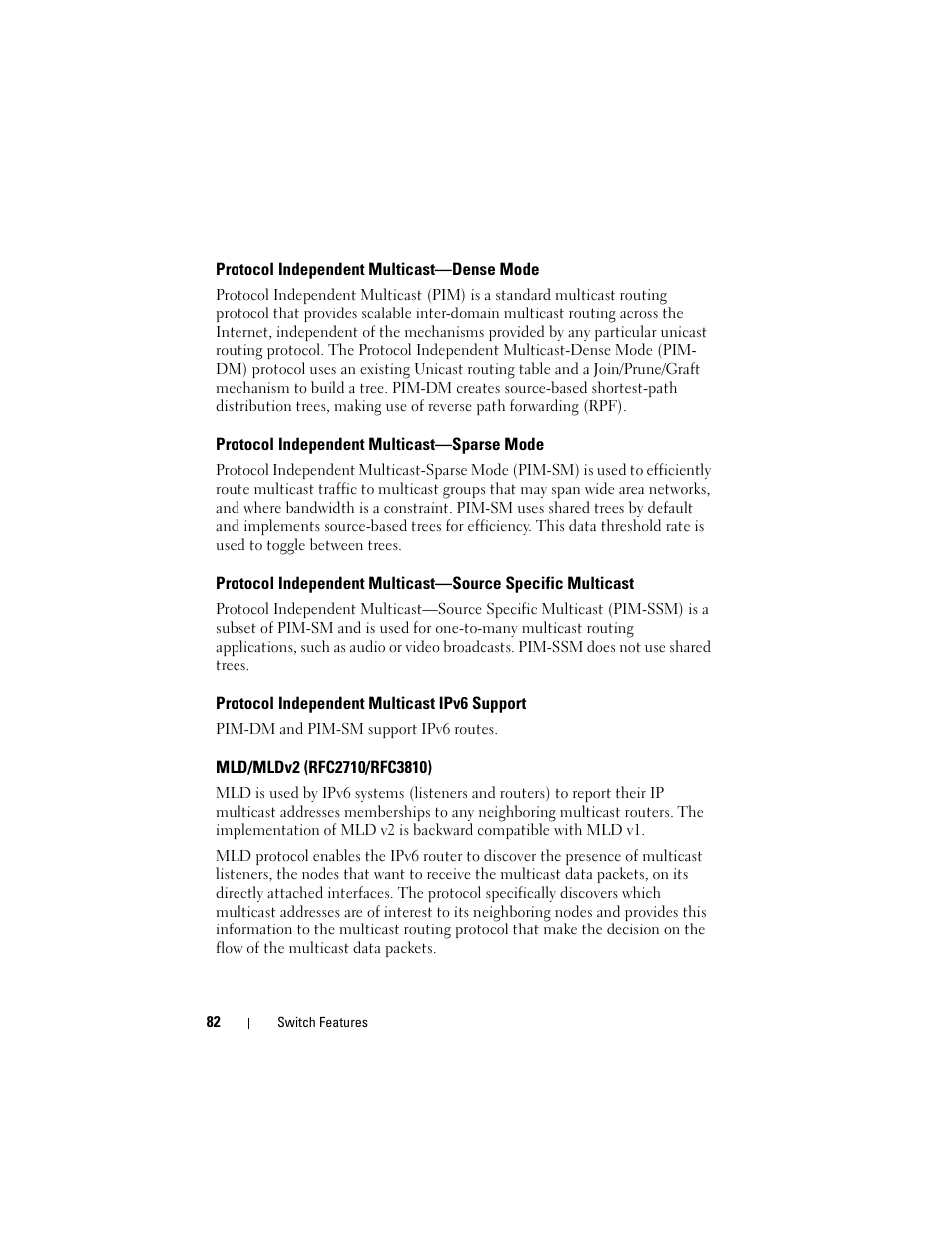 Protocol independent multicast—dense mode, Protocol independent multicast—sparse mode, Protocol independent multicast ipv6 support | Mld/mldv2 (rfc2710/rfc3810), Protocol independent multicast—dense, Mode, Protocol independent multicast—sparse, Protocol independent multicast—source, Specific multicast | Dell POWEREDGE M1000E User Manual | Page 82 / 1246