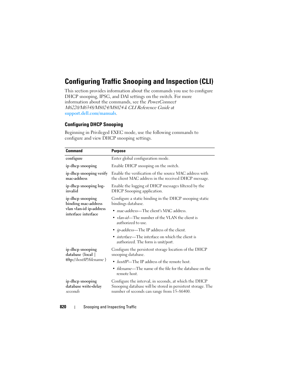 Configuring traffic snooping and inspection (cli), Configuring dhcp snooping | Dell POWEREDGE M1000E User Manual | Page 820 / 1246