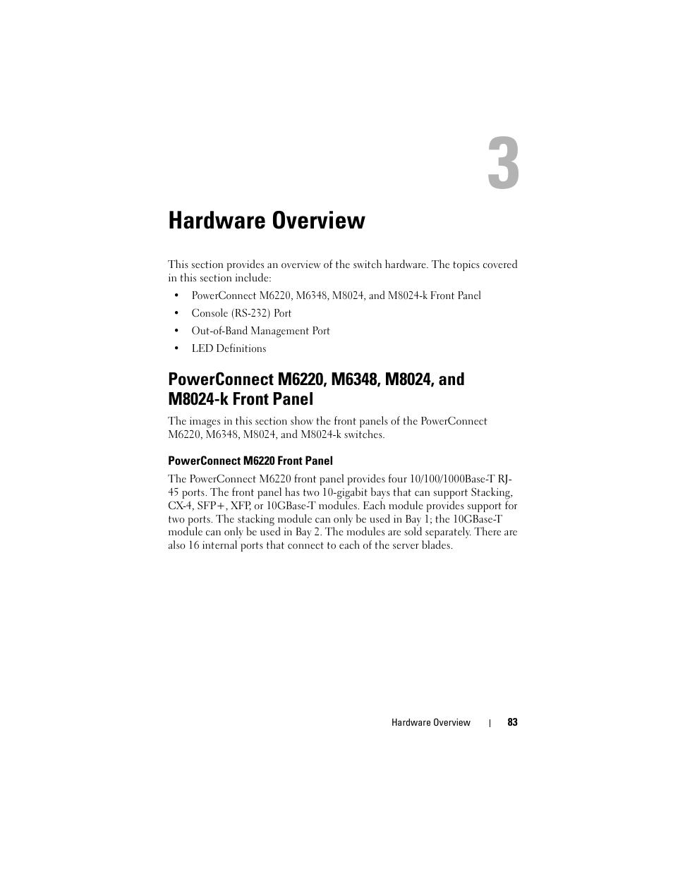 Hardware overview, Powerconnect m6220 front panel, Powerconnect m6220, m6348, m8024, and | M8024-k front panel | Dell POWEREDGE M1000E User Manual | Page 83 / 1246