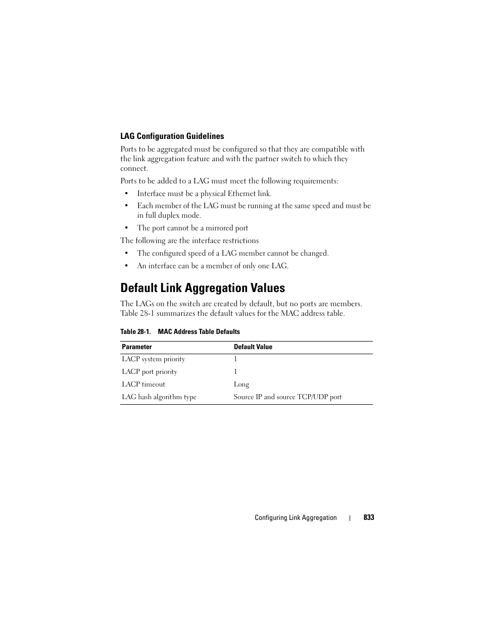 Lag configuration guidelines, Default link aggregation values | Dell POWEREDGE M1000E User Manual | Page 833 / 1246