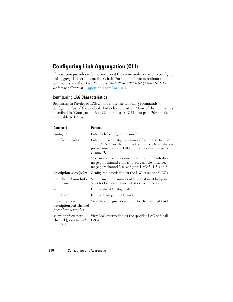 Configuring link aggregation (cli), Configuring lag characteristics | Dell POWEREDGE M1000E User Manual | Page 840 / 1246