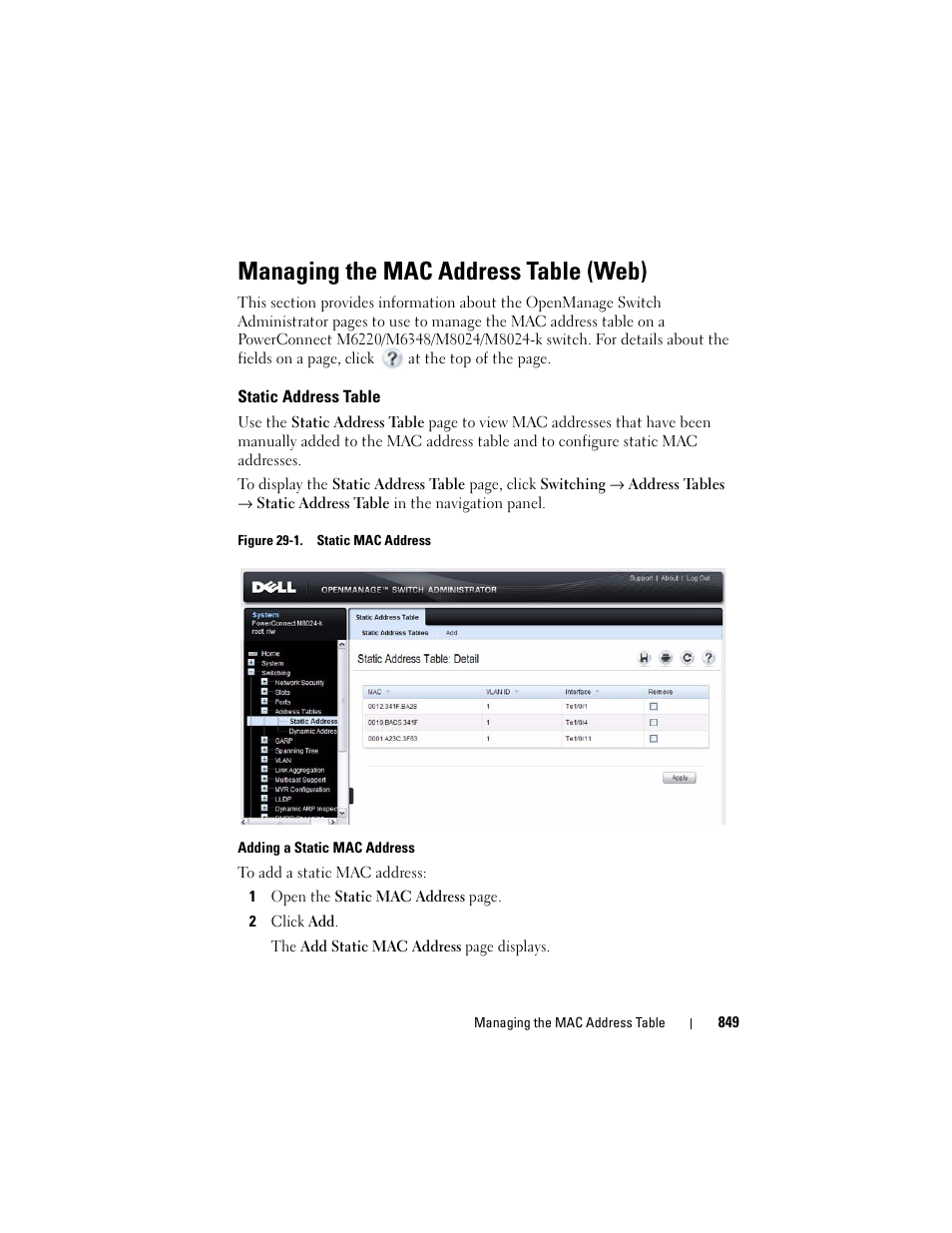 Managing the mac address table (web), Static address table | Dell POWEREDGE M1000E User Manual | Page 849 / 1246