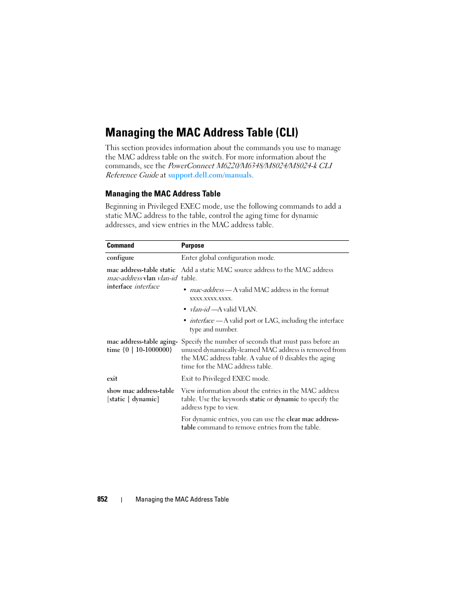 Managing the mac address table (cli), Managing the mac address table | Dell POWEREDGE M1000E User Manual | Page 852 / 1246