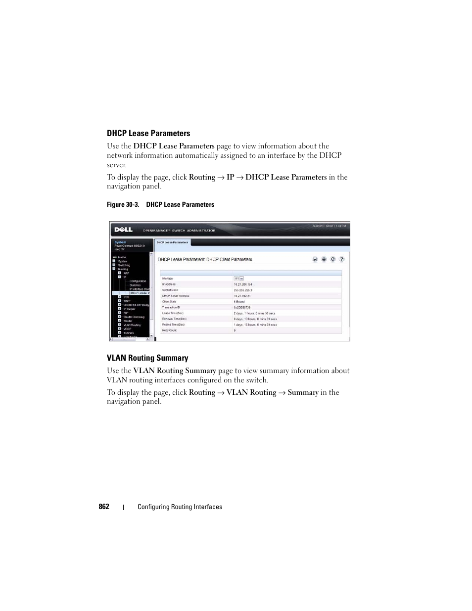 Dhcp lease parameters, Vlan routing summary | Dell POWEREDGE M1000E User Manual | Page 862 / 1246