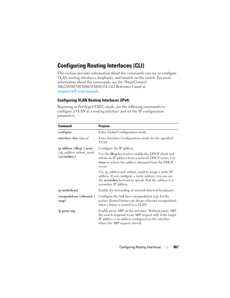 Configuring routing interfaces (cli), Configuring vlan routing interfaces (ipv4) | Dell POWEREDGE M1000E User Manual | Page 867 / 1246