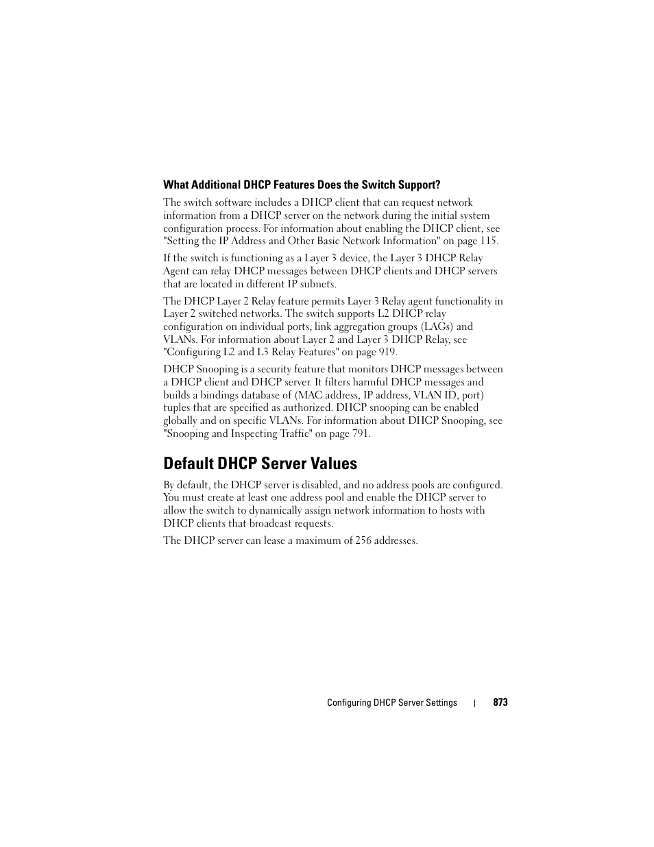 Default dhcp server values, What additional dhcp features does the, Switch support | Dell POWEREDGE M1000E User Manual | Page 873 / 1246