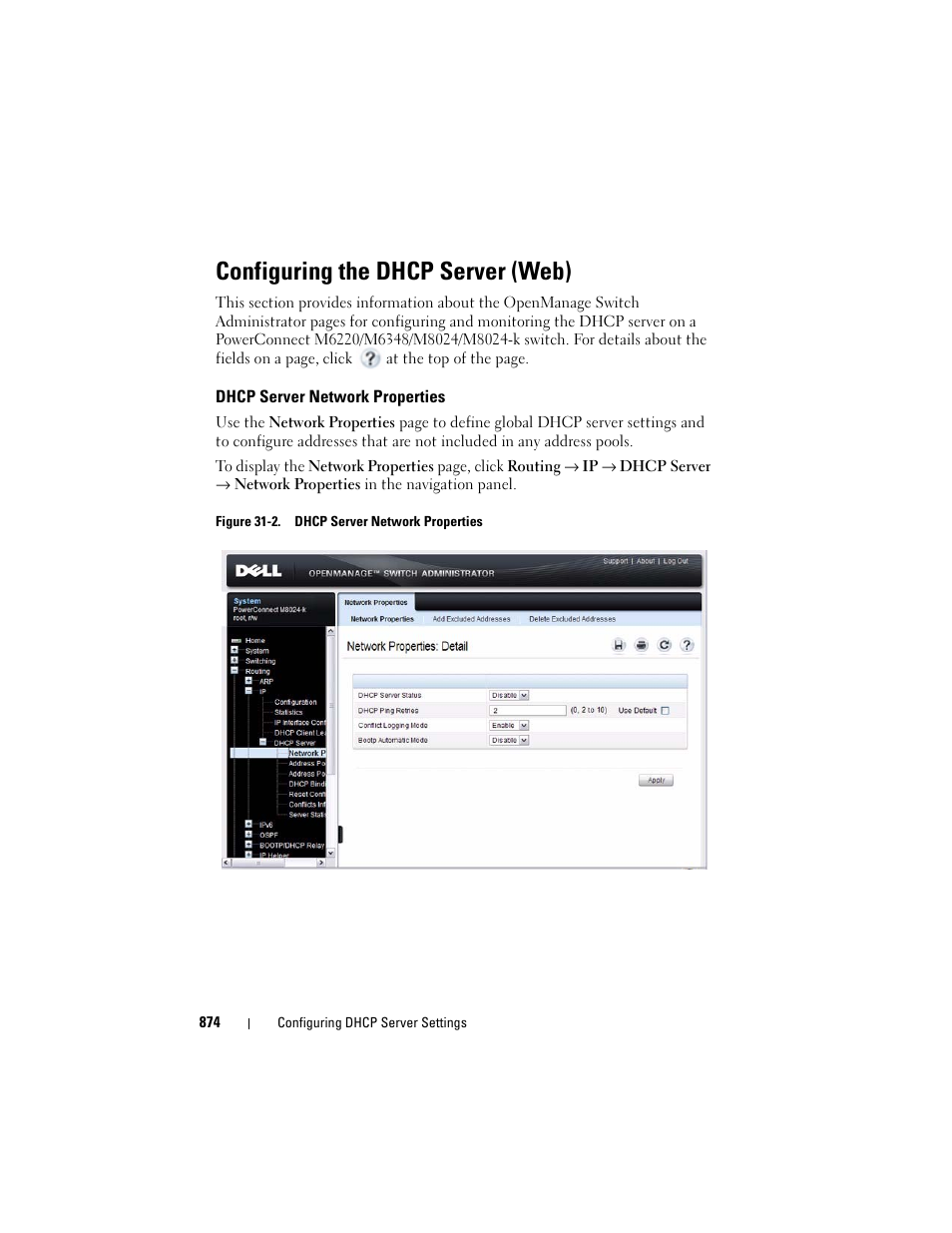 Configuring the dhcp server (web), Dhcp server network properties | Dell POWEREDGE M1000E User Manual | Page 874 / 1246