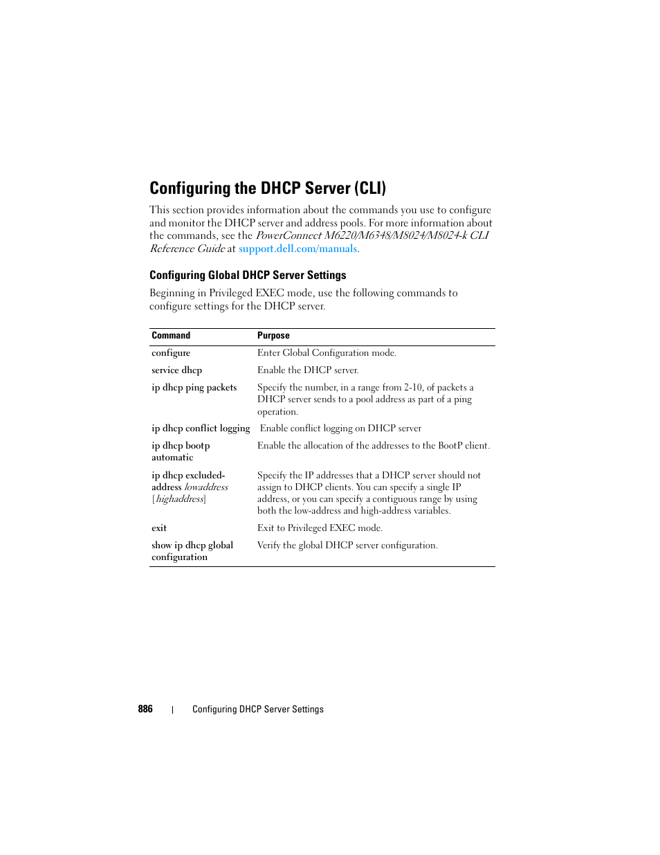 Configuring the dhcp server (cli), Configuring global dhcp server settings | Dell POWEREDGE M1000E User Manual | Page 886 / 1246