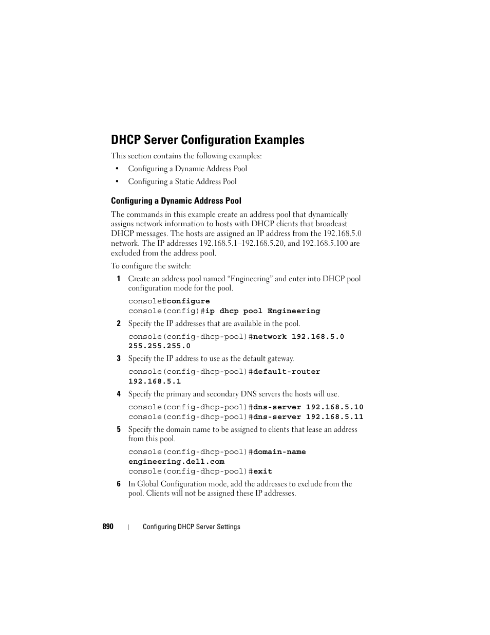 Dhcp server configuration examples, Configuring a dynamic address pool | Dell POWEREDGE M1000E User Manual | Page 890 / 1246