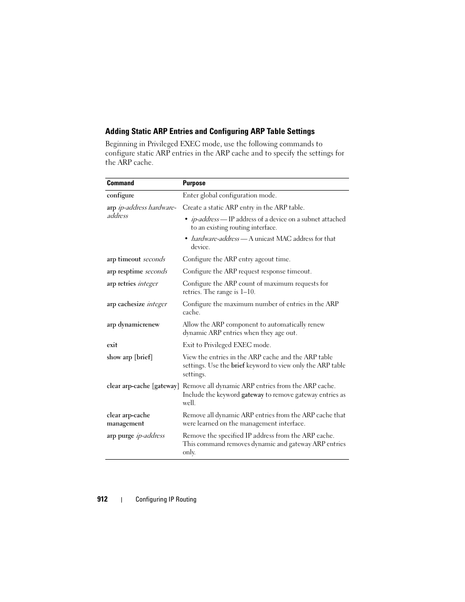 Adding static arp entries and configuring, Arp table settings | Dell POWEREDGE M1000E User Manual | Page 912 / 1246