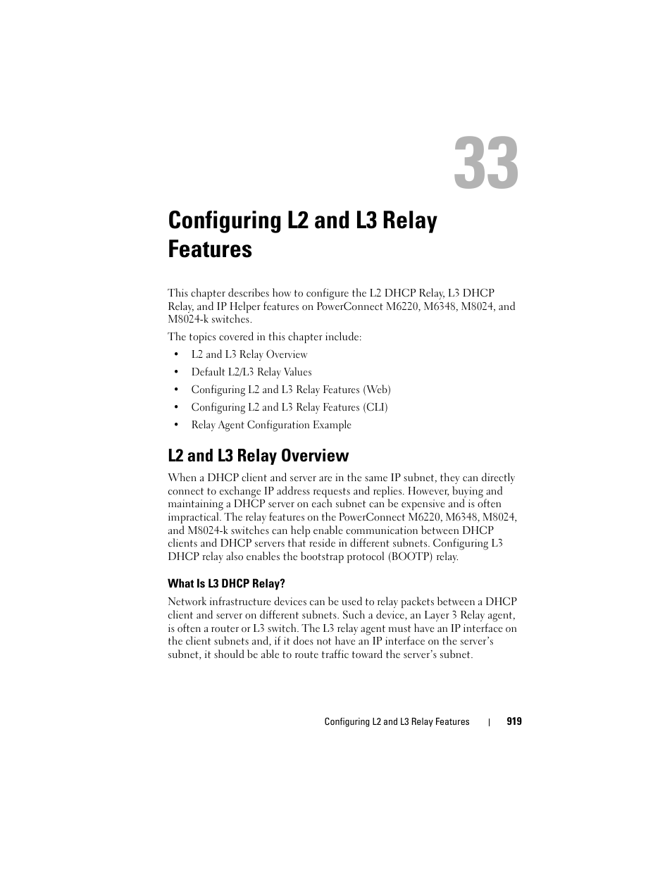 Configuring l2 and l3 relay features, L2 and l3 relay overview, What is l3 dhcp relay | Configuring l2 and l3 relay, Features, Configuring | Dell POWEREDGE M1000E User Manual | Page 919 / 1246