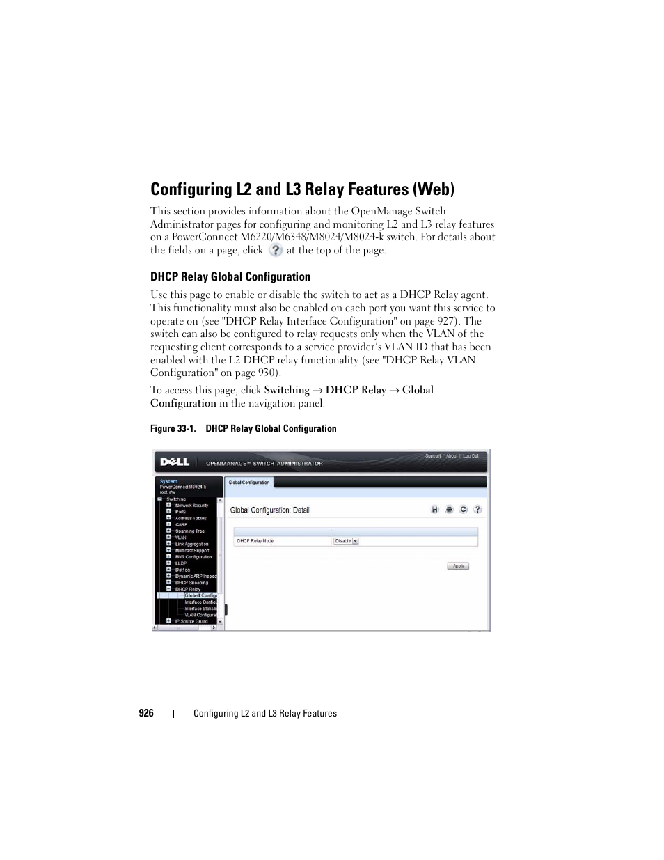 Configuring l2 and l3 relay features (web), Dhcp relay global configuration | Dell POWEREDGE M1000E User Manual | Page 926 / 1246