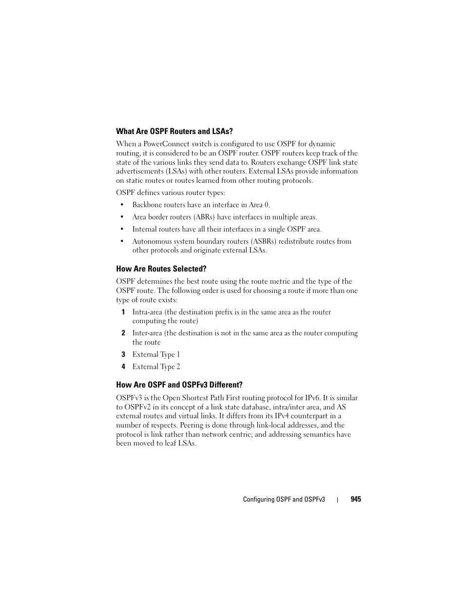 What are ospf routers and lsas, How are routes selected, How are ospf and ospfv3 different | Dell POWEREDGE M1000E User Manual | Page 945 / 1246