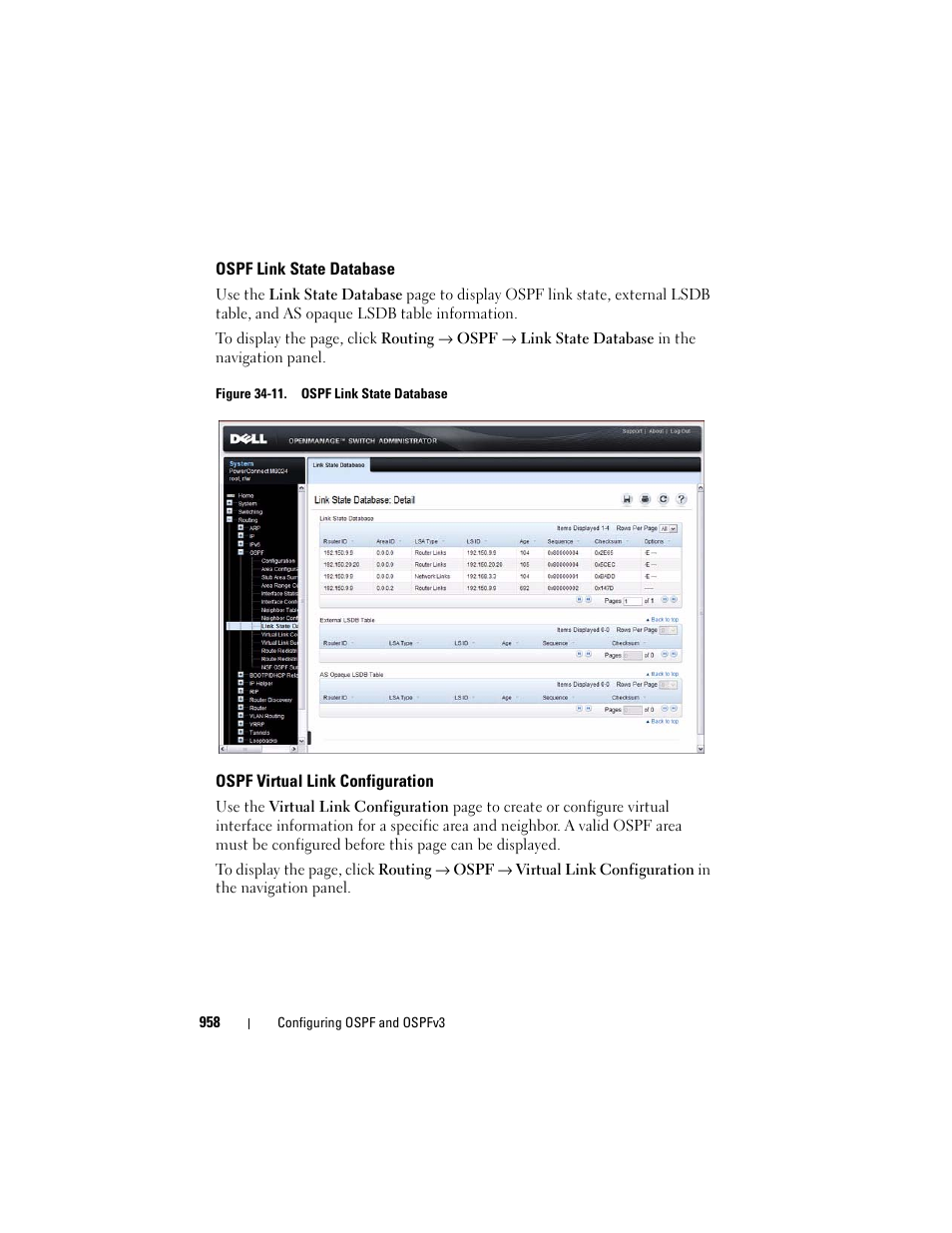 Ospf link state database, Ospf virtual link configuration | Dell POWEREDGE M1000E User Manual | Page 958 / 1246