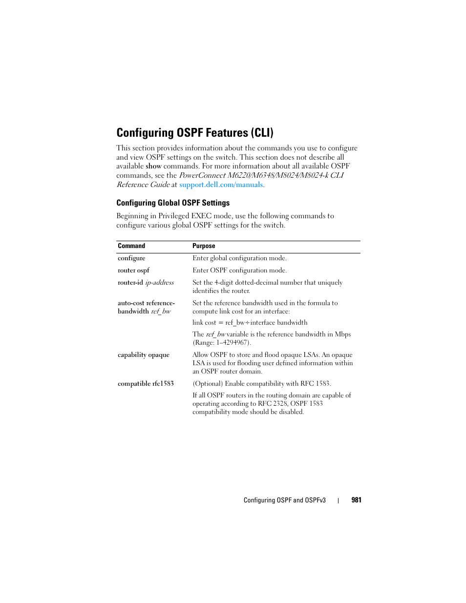 Configuring ospf features (cli), Configuring global ospf settings | Dell POWEREDGE M1000E User Manual | Page 981 / 1246