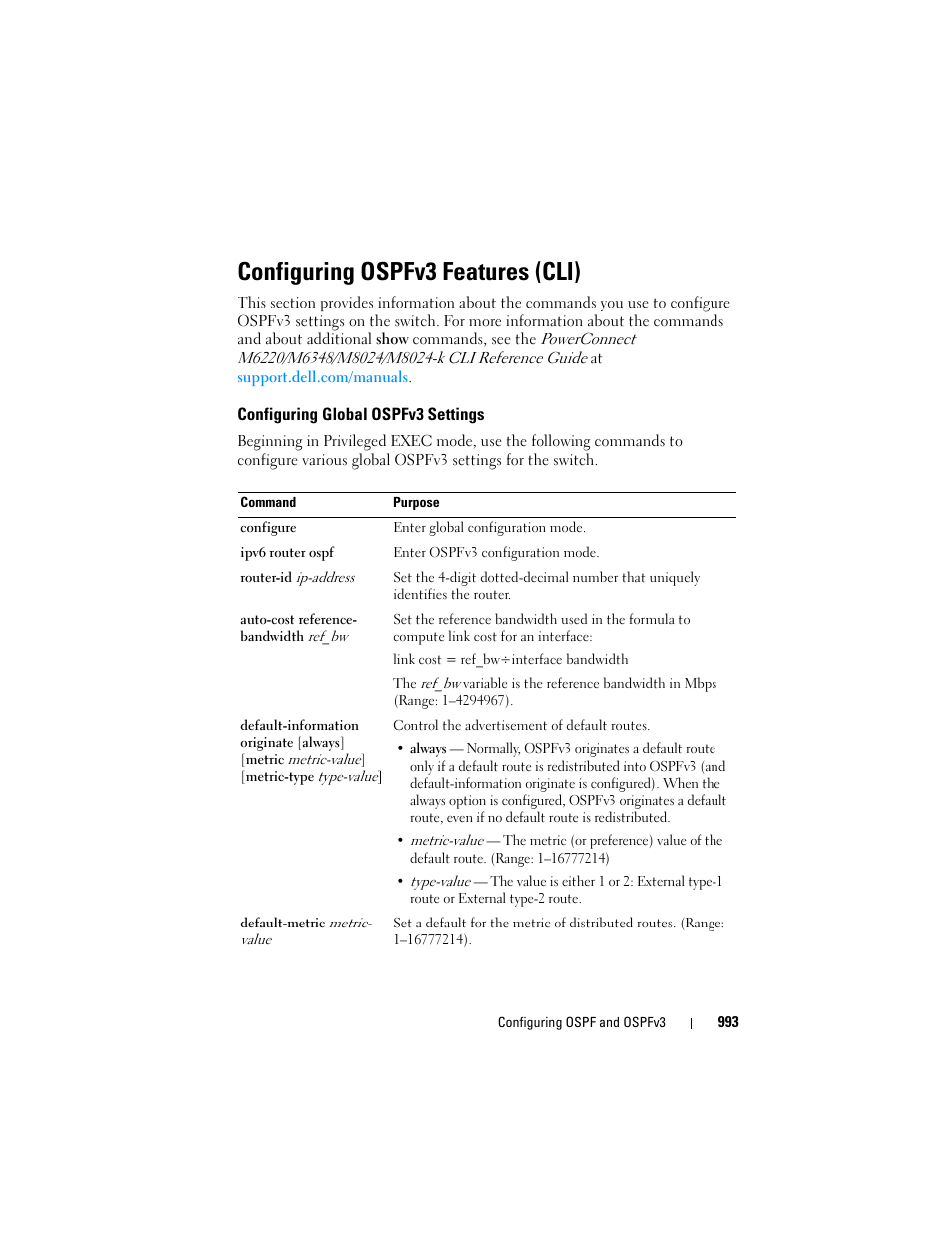 Configuring ospfv3 features (cli), Configuring global ospfv3 settings | Dell POWEREDGE M1000E User Manual | Page 993 / 1246