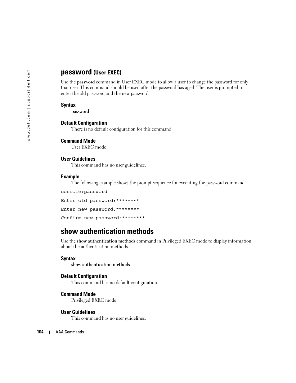 Password (user exec), Show authentication methods, Password | Dell PowerEdge M605 User Manual | Page 138 / 808