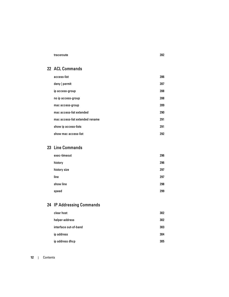 22 acl commands, 23 line commands, 24 ip addressing commands | Dell PowerEdge M605 User Manual | Page 14 / 808
