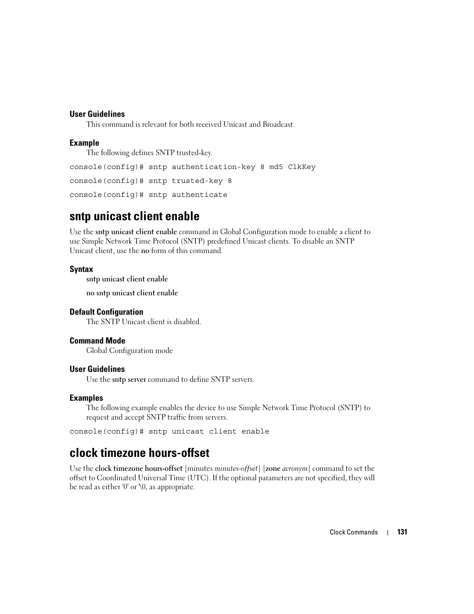 Sntp unicast client enable, Clock timezone hours-offset | Dell PowerEdge M605 User Manual | Page 165 / 808