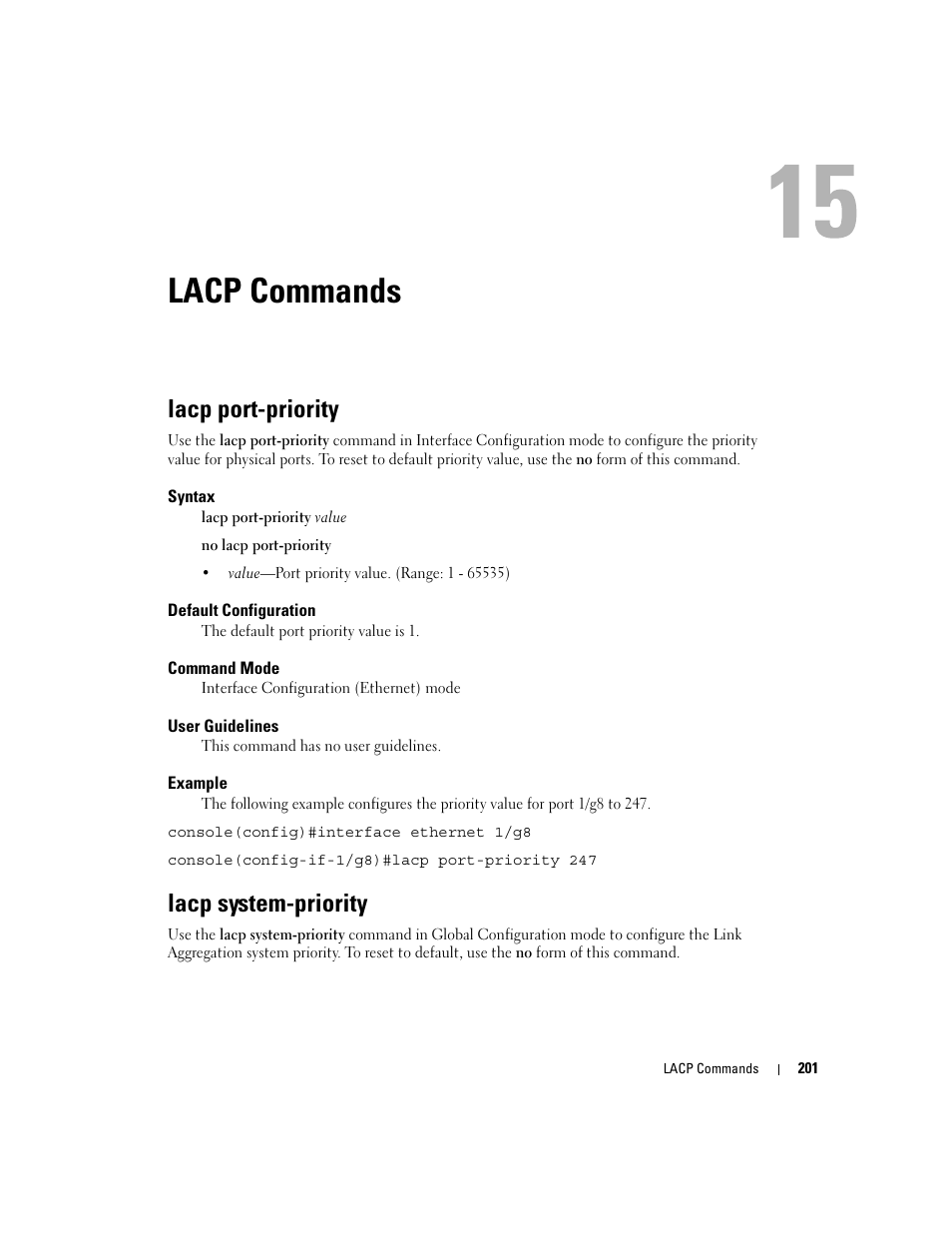 Lacp commands, Lacp port-priority, Lacp system-priority | 15 lacp commands | Dell PowerEdge M605 User Manual | Page 229 / 808