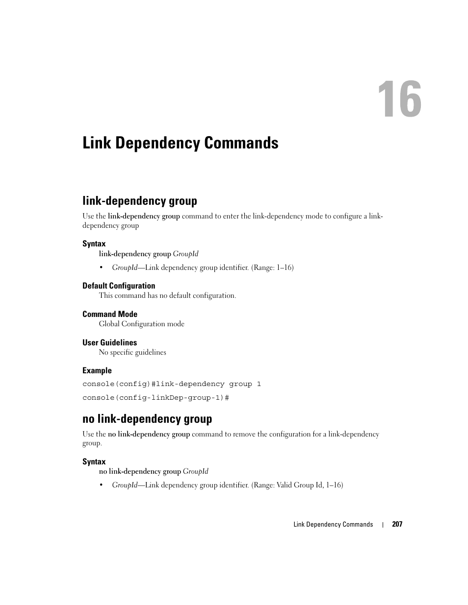 Link dependency commands, Link-dependency group, No link-dependency group | 16 link dependency commands | Dell PowerEdge M605 User Manual | Page 235 / 808