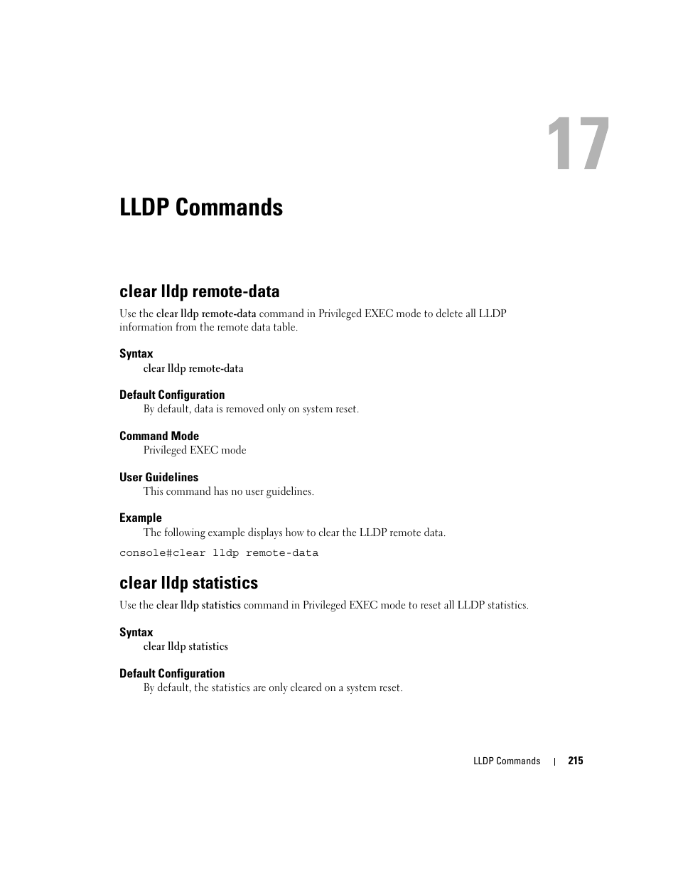 Lldp commands, Clear lldp remote-data, Clear lldp statistics | 17 lldp commands | Dell PowerEdge M605 User Manual | Page 243 / 808