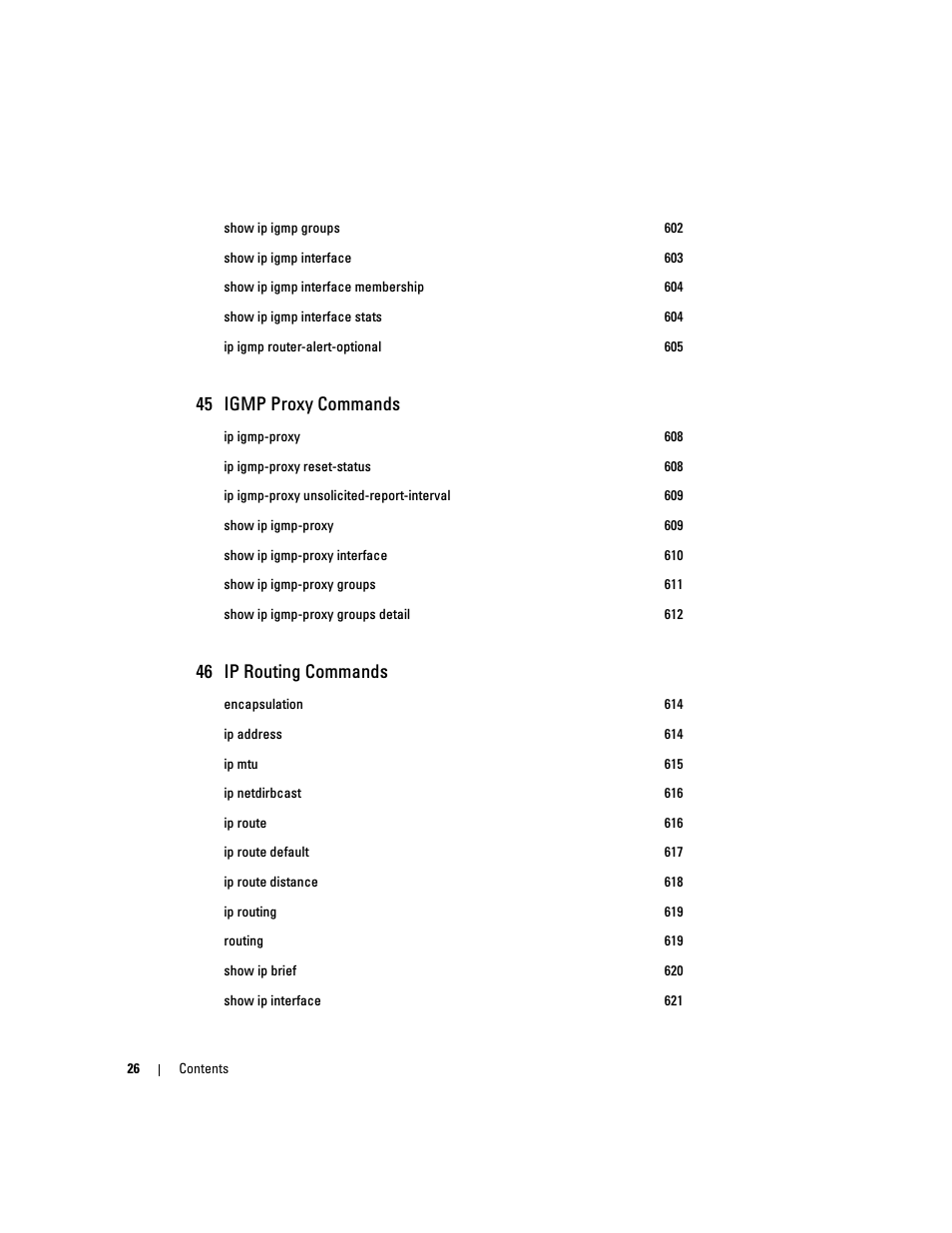 45 igmp proxy commands, 46 ip routing commands | Dell PowerEdge M605 User Manual | Page 28 / 808