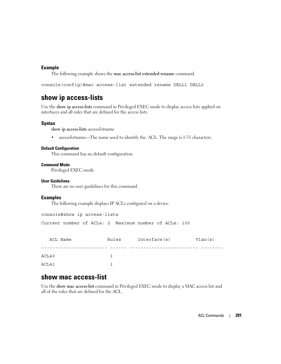 Show ip access-lists, Show mac access-list | Dell PowerEdge M605 User Manual | Page 311 / 808