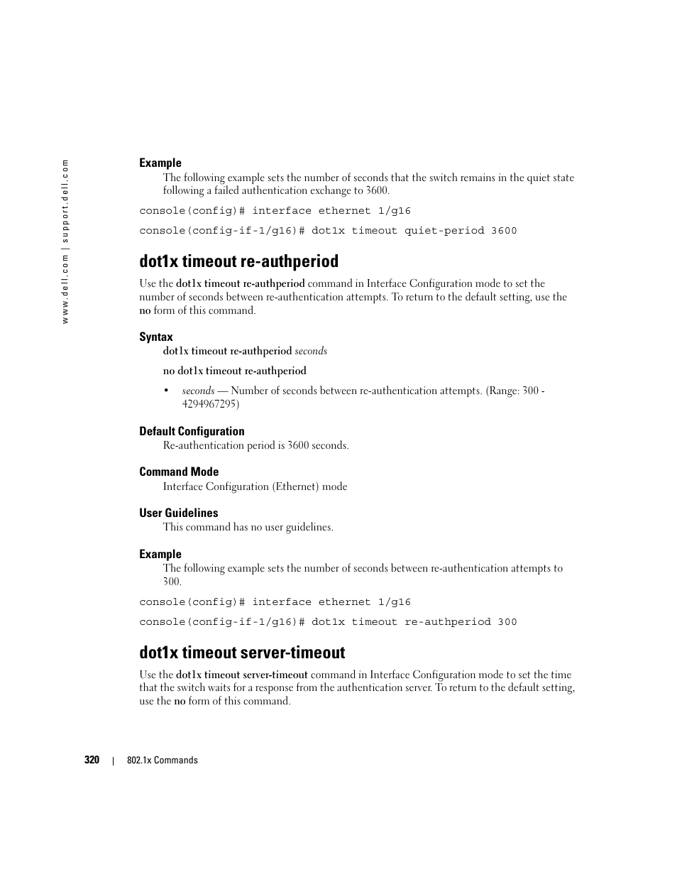 Dot1x timeout re-authperiod, Dot1x timeout server-timeout | Dell PowerEdge M605 User Manual | Page 336 / 808