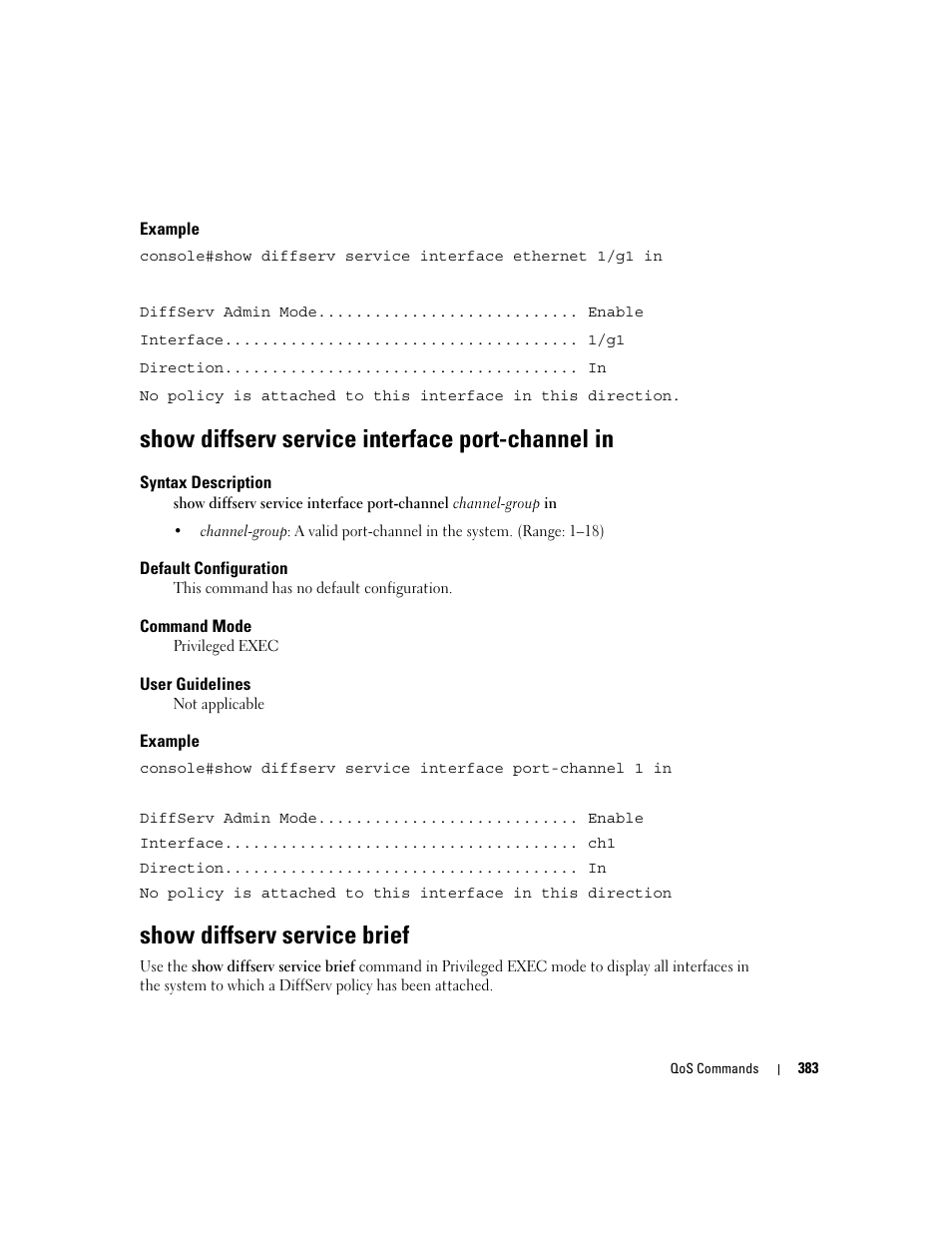 Show diffserv service interface port-channel in, Show diffserv service brief | Dell PowerEdge M605 User Manual | Page 395 / 808