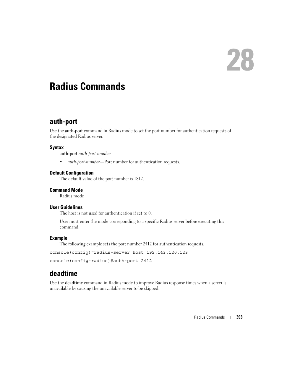 Radius commands, Auth-port, Deadtime | 28 radius commands | Dell PowerEdge M605 User Manual | Page 403 / 808