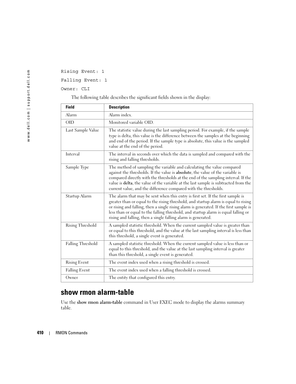 Show rmon alarm-table | Dell PowerEdge M605 User Manual | Page 418 / 808